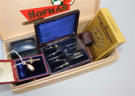 A collection of leather jewellery boxes, small amount of gold jewellery etc